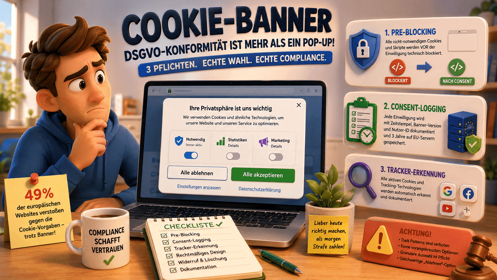 DSGVO-Cookie-Banner auf Laptop mit Checkliste