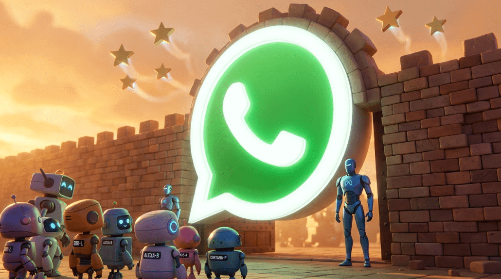 Roboter vor riesigem WhatsApp-Logo an Mauer