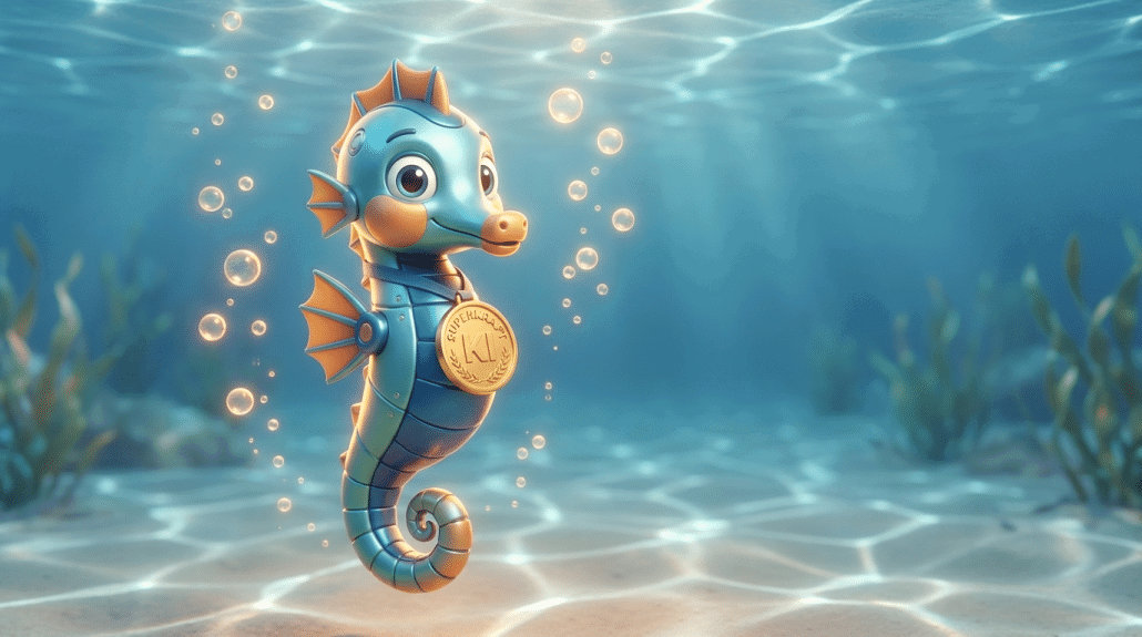 Niedliches Seepferdchen mit Goldmedaille unter Wasser