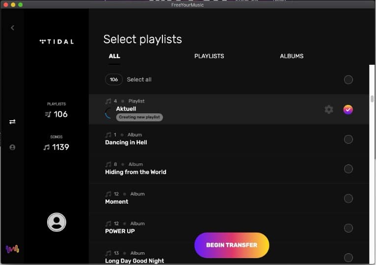 TIDAL Playlist-Auswahl mit Transfer-Button