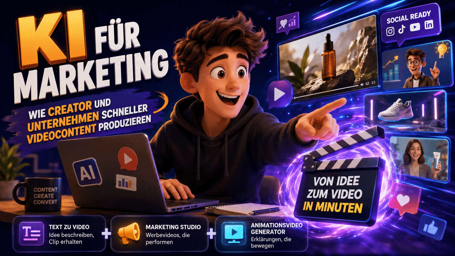 KI-Marketing mit Laptop und Videocontent-Elementen
