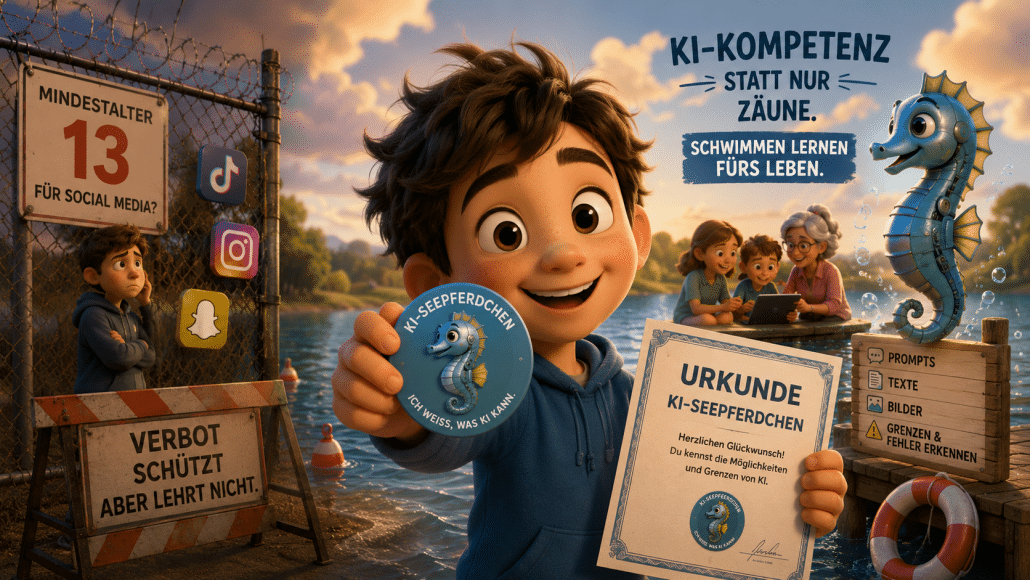 Junge mit KI-Urkunde am See