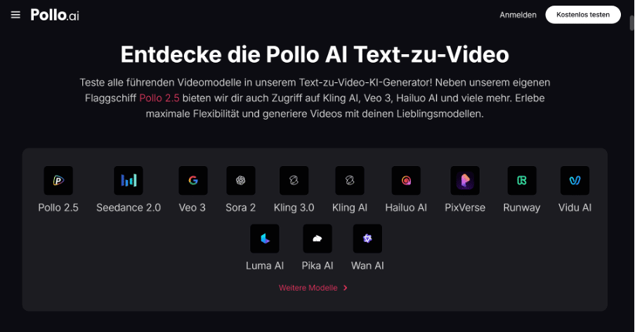 Pollo AI Text-zu-Video Plattform mit Modellübersicht