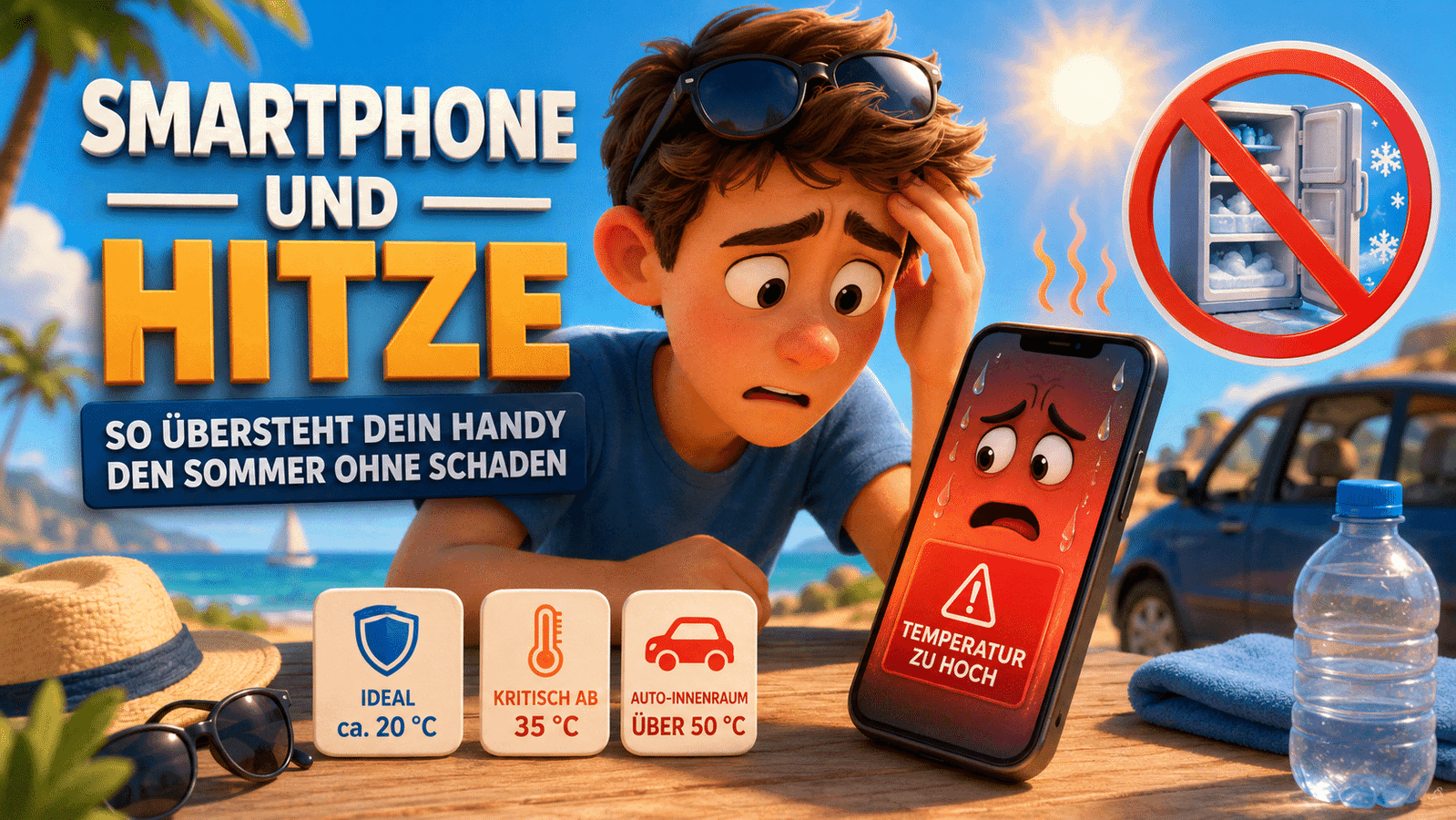 Überhitztes Smartphone im Sommer am Strand