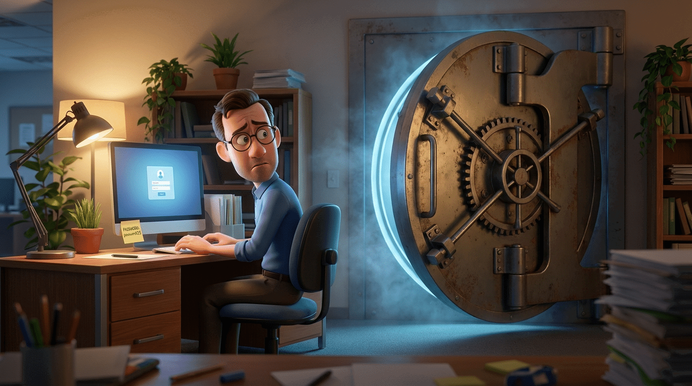 Mann am Computer vor offenem Tresorraum