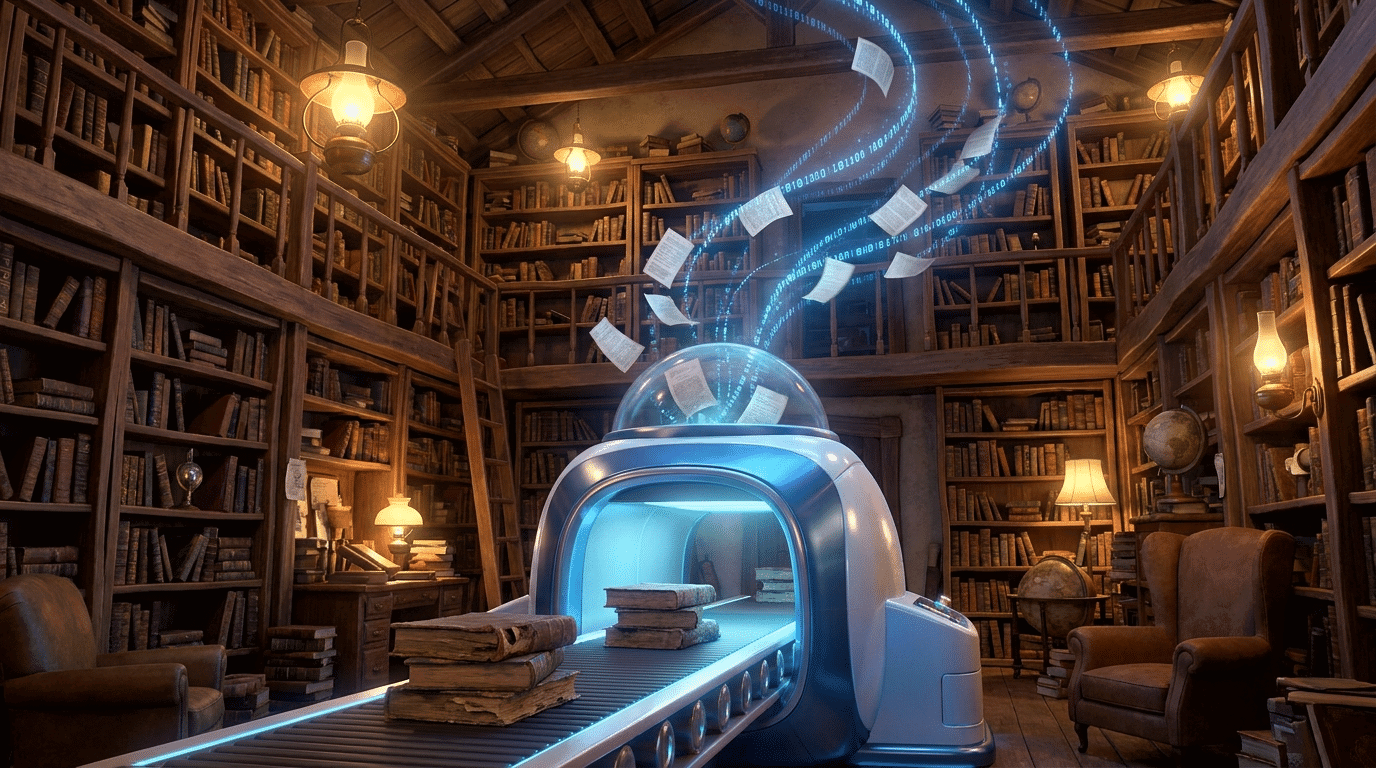 Futuristischer Buchscanner in historischer Bibliothek