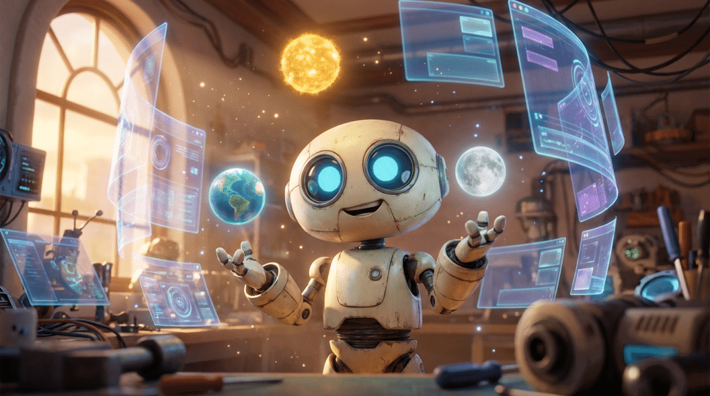 Kleiner Roboter mit holografischen Planeten im Labor