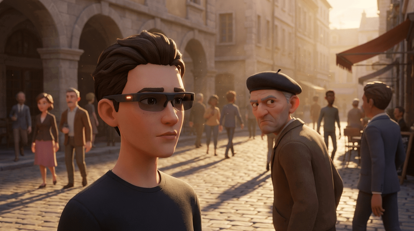 Junger Mann mit Smartbrille in Altstadt