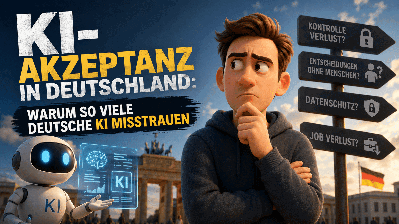 Nachdenklicher Mann und KI-Roboter vor Brandenburger Tor