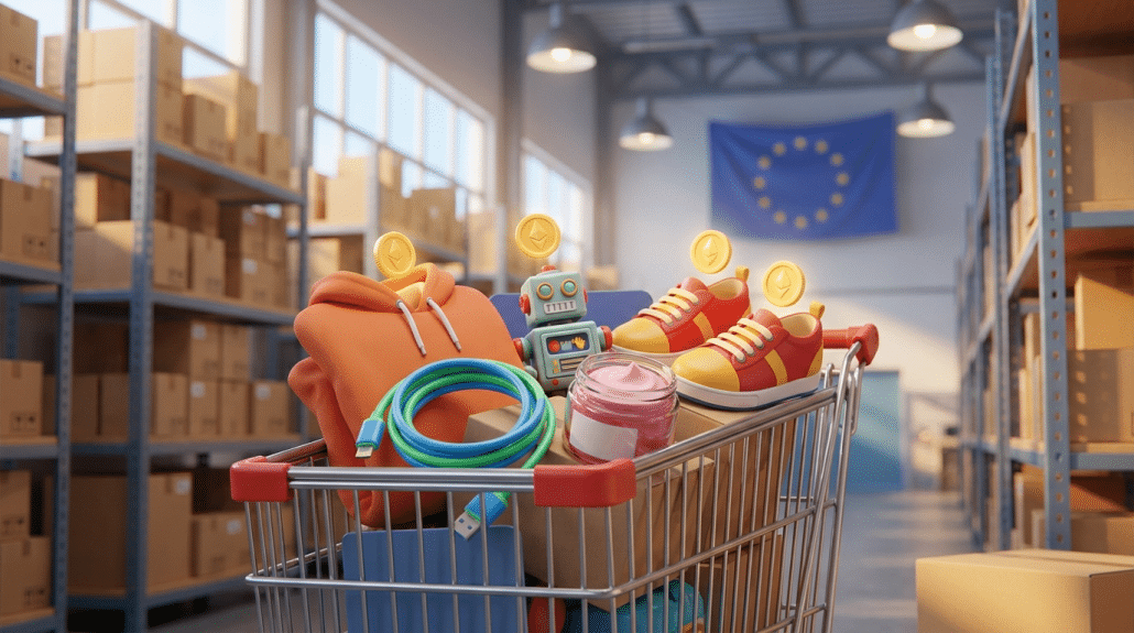 Einkaufswagen mit Produkten im Lagerhaus und EU-Flagge