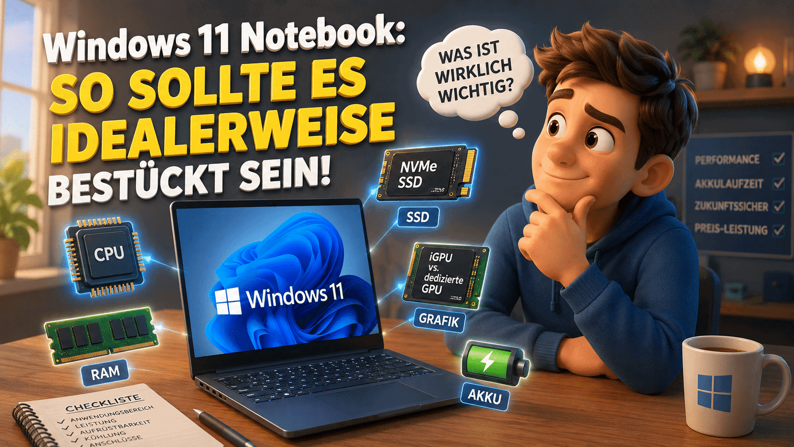 Windows 11 Notebook mit Hardware-Komponenten und Checkliste