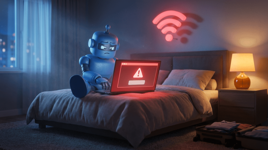 Roboter mit Laptop und WLAN-Warnsymbol im Schlafzimmer