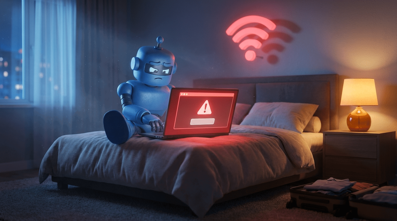 Roboter mit Laptop und WLAN-Warnsymbol im Schlafzimmer