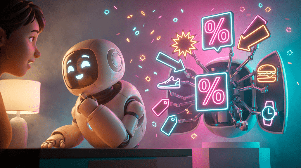 Kind beobachtet Roboter mit leuchtenden Rabatt- und Shopping-Symbolen