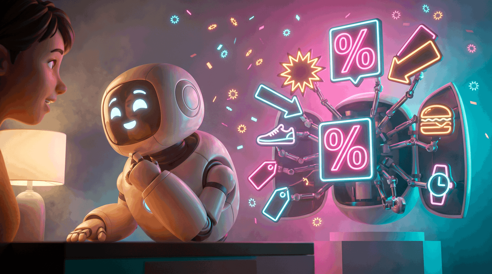 Kind beobachtet Roboter mit leuchtenden Rabatt- und Shopping-Symbolen