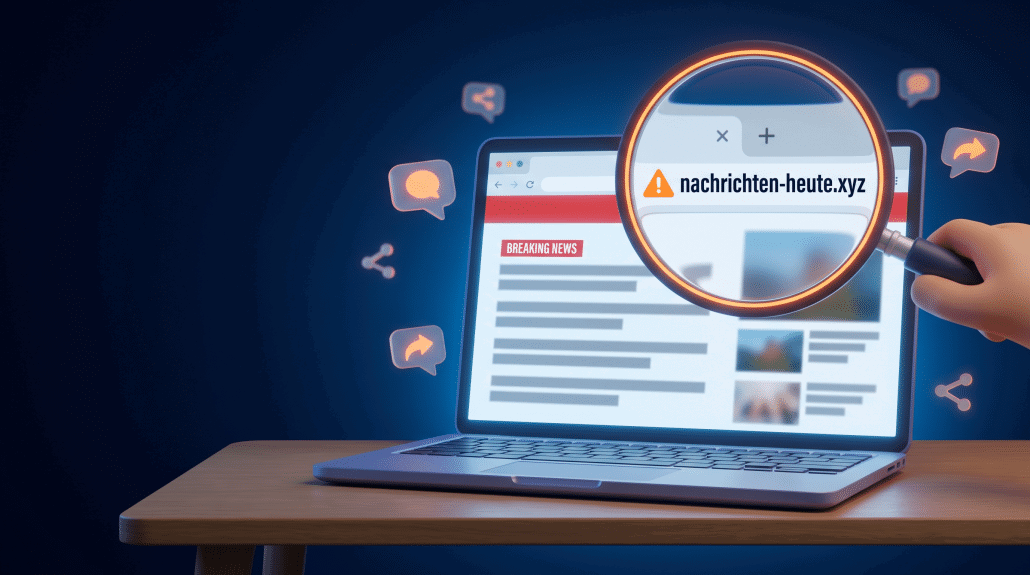 Lupe prüft verdächtige Nachrichtenwebseite auf Laptop