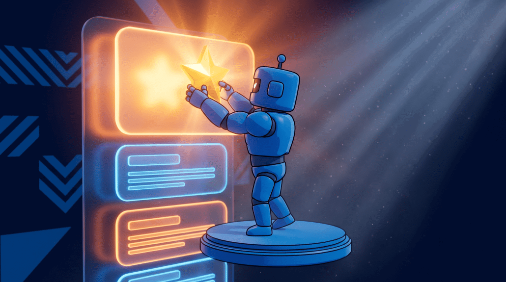 Blauer Roboter hält leuchtenden Stern vor digitaler Oberfläche