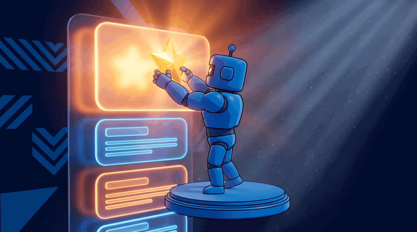 Blauer Roboter hält leuchtenden Stern vor digitaler Oberfläche