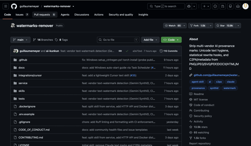 GitHub-Repository „watermarks-remover“ im Dunkelmodus