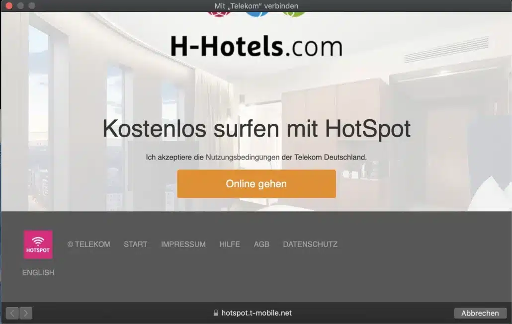 H-Hotels WLAN Hotspot Login-Seite