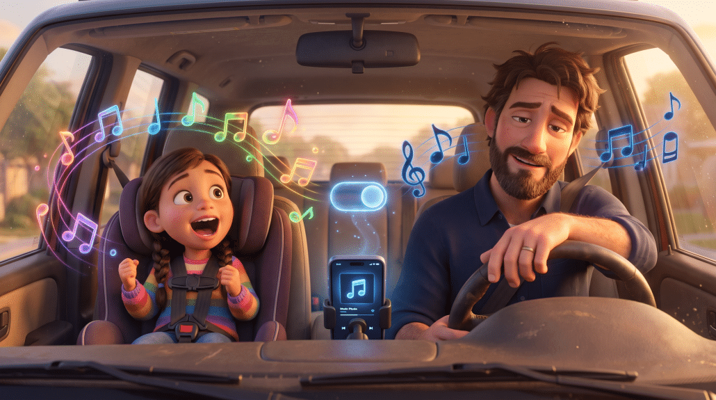Vater und Tochter hören Musik im Auto