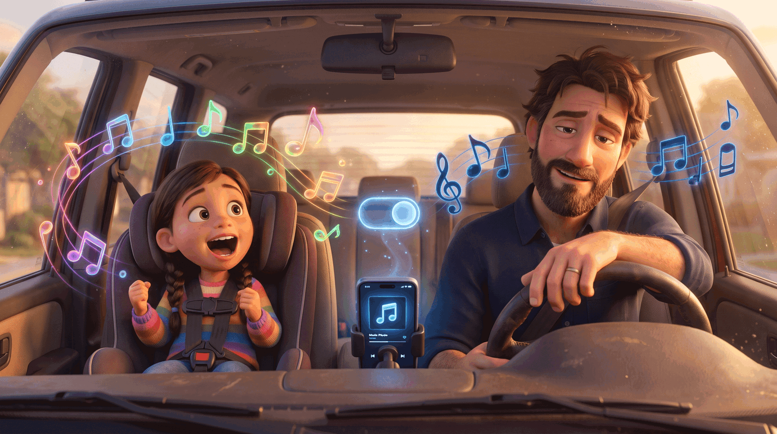 Vater und Tochter hören Musik im Auto