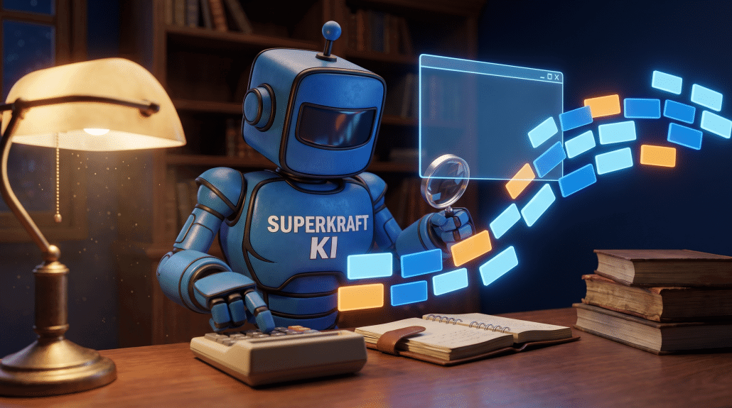 Blauer KI-Roboter organisiert Aufgaben am Schreibtisch