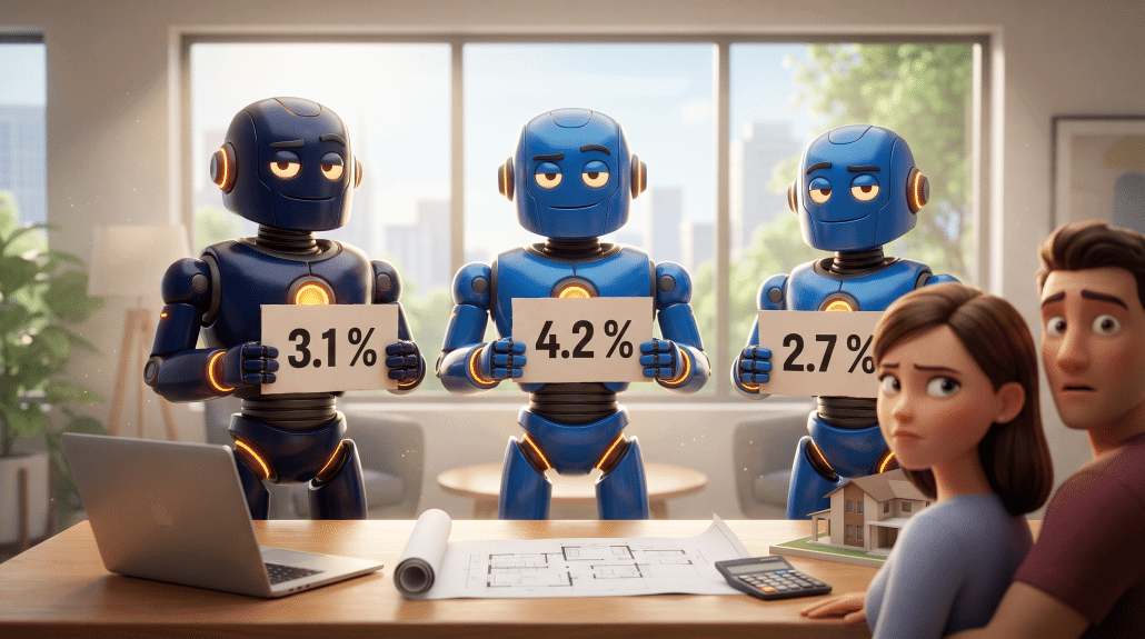 Drei Roboter zeigen Zinswerte bei Immobilienberatung