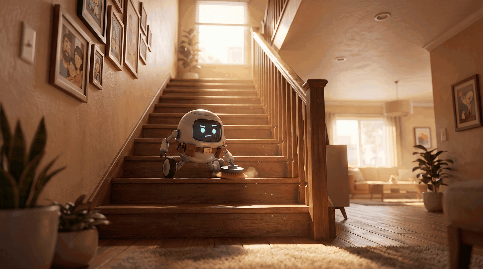 Kleiner Haushaltsroboter reinigt sonnige Holztreppe