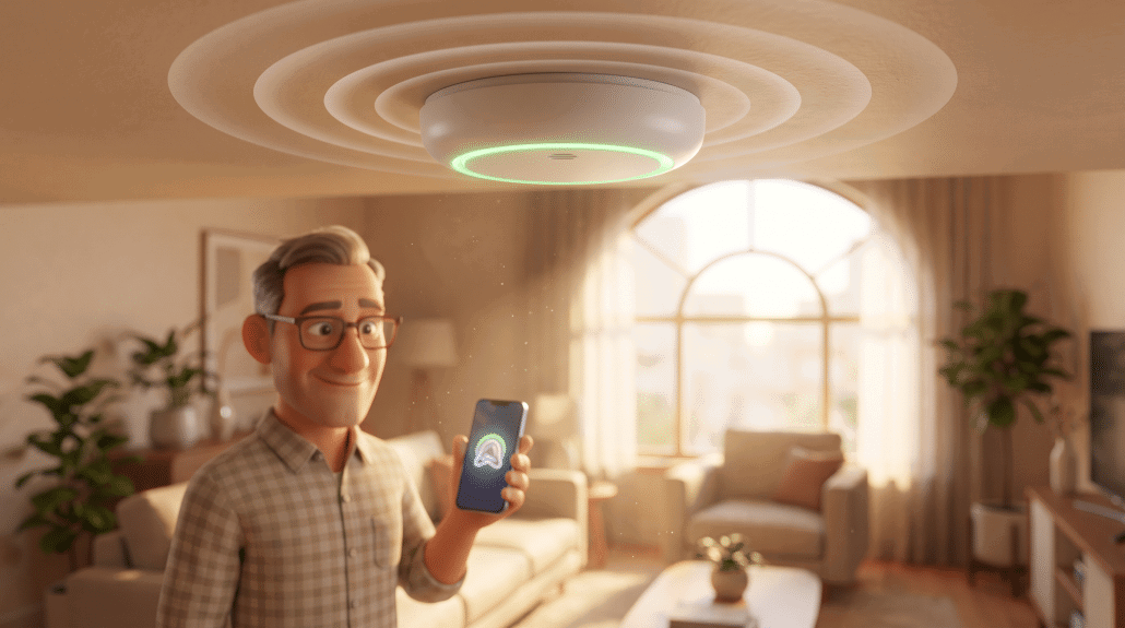 Mann steuert Deckenluftreiniger per Smartphone im Wohnzimmer