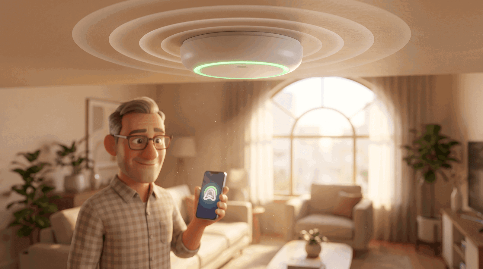 Mann steuert Deckenluftreiniger per Smartphone im Wohnzimmer