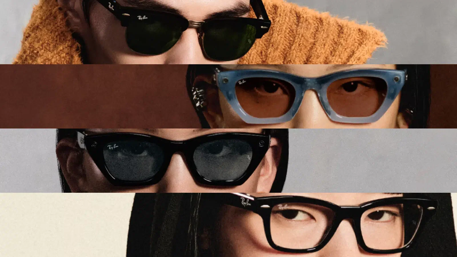 introducing ray ban meta audio and more ai glasses styles header Vier Nahaufnahmen von Personen mit Ray-Ban-Brillen