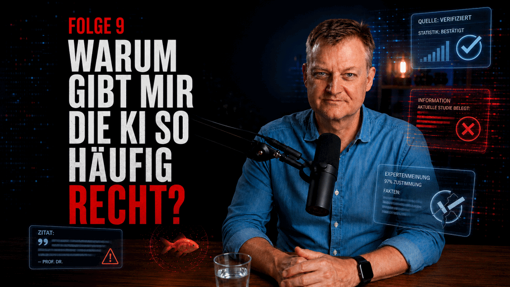 Podcast-Moderator vor Mikrofon zum Thema KI und Wahrheit