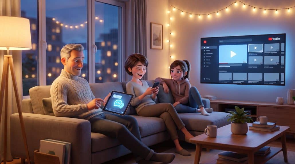 Familie nutzt digitale Geräte im gemütlichen Wohnzimmer