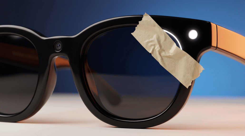Schwarze Smartbrille mit Klebeband über dem rechten Glas