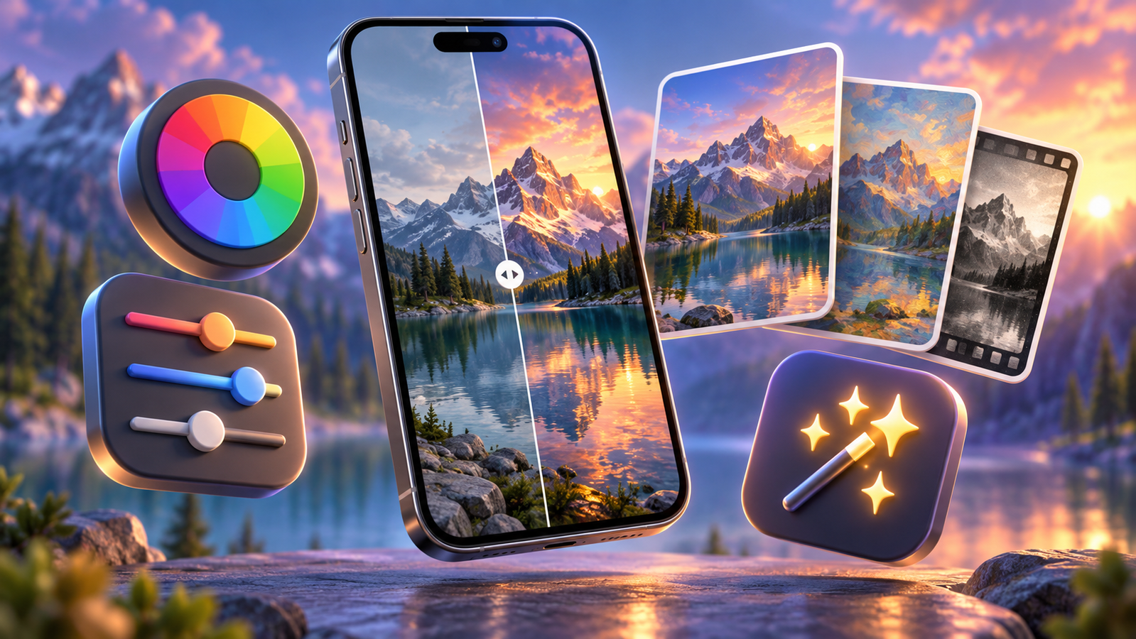 skylum bild Smartphone mit KI-Fotobearbeitung vor Bergsee bei Sonnenuntergang