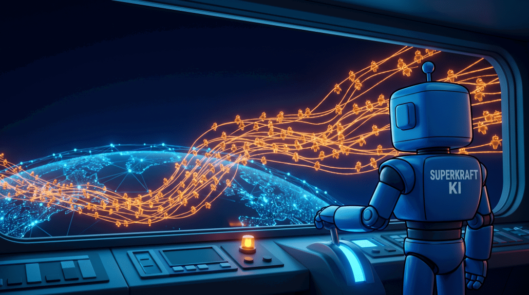 Roboter überwacht globale KI-Vernetzung auf leuchtendem Bildschirm