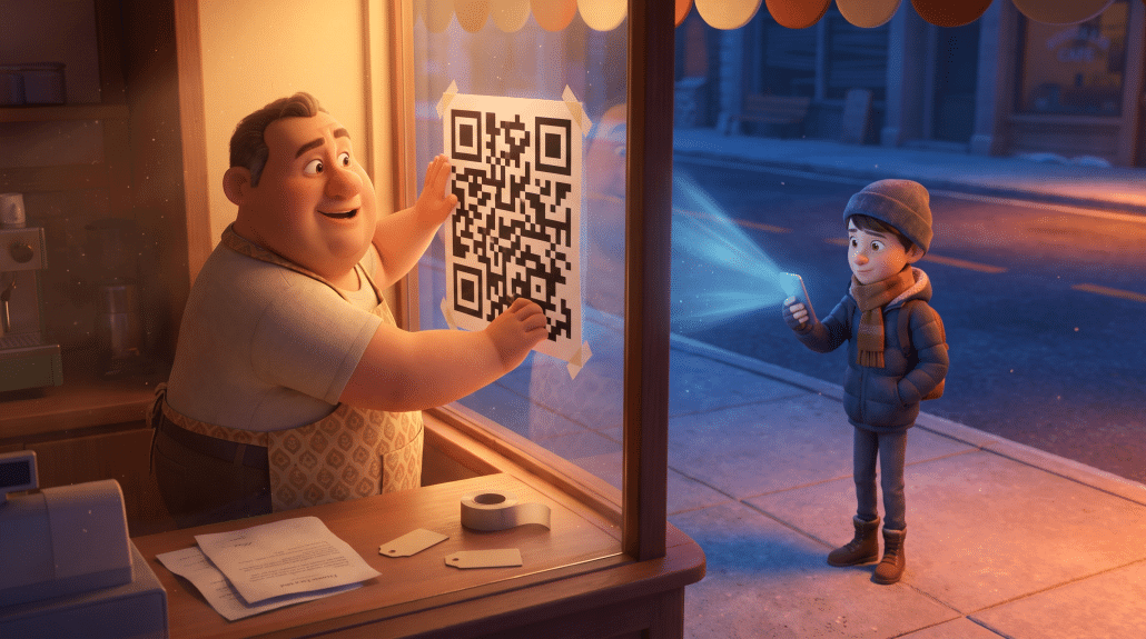 Ladenbesitzer bringt QR-Code am Schaufenster an