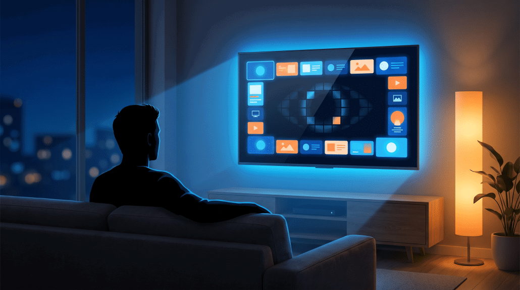 Person steuert Smart-TV mit Medienoberfläche im Wohnzimmer