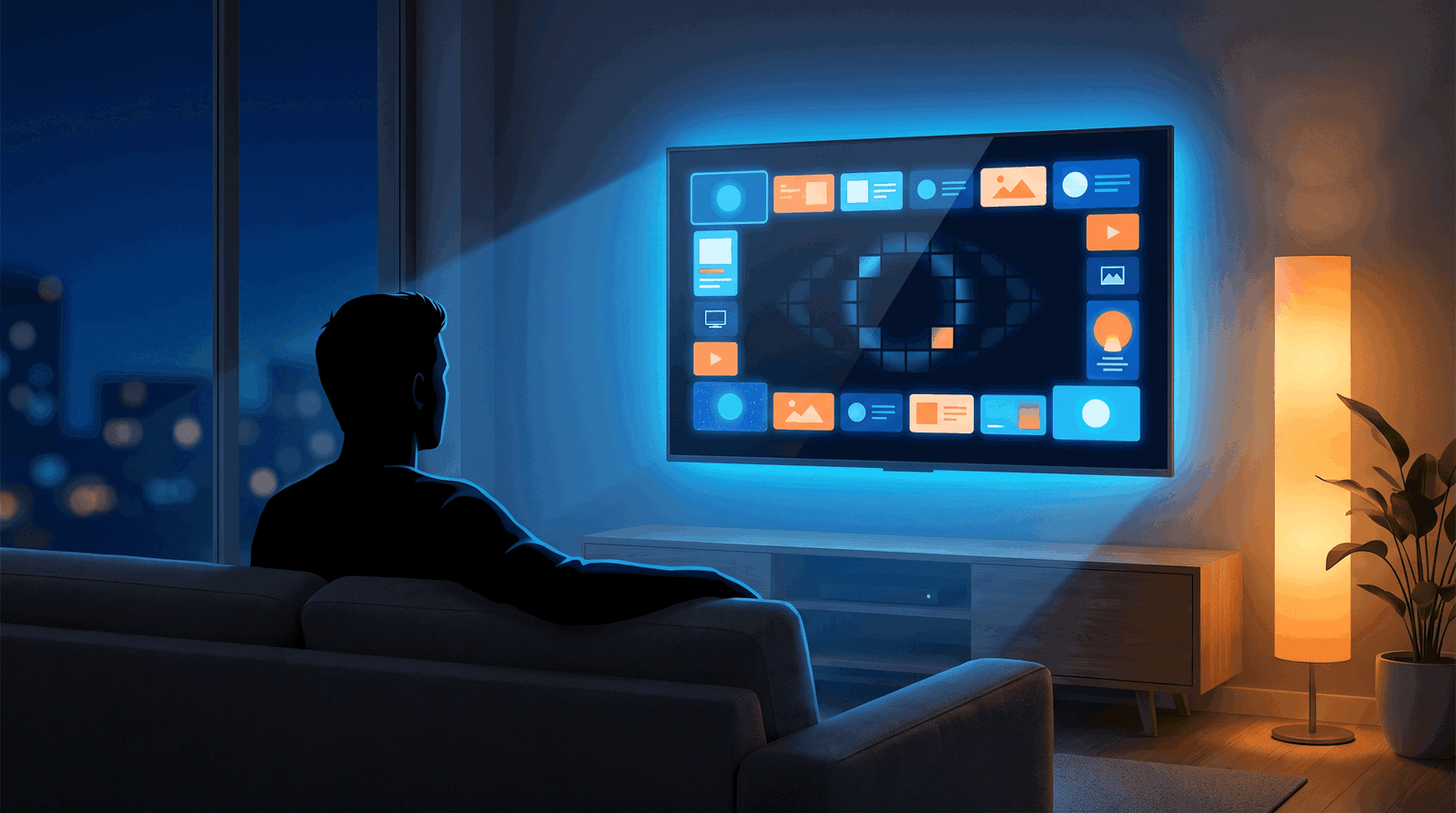 Person steuert Smart-TV mit Medienoberfläche im Wohnzimmer