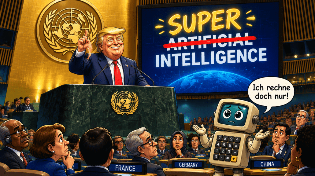 Trump am UN-Pult neben besorgtem Taschenrechner-Roboter