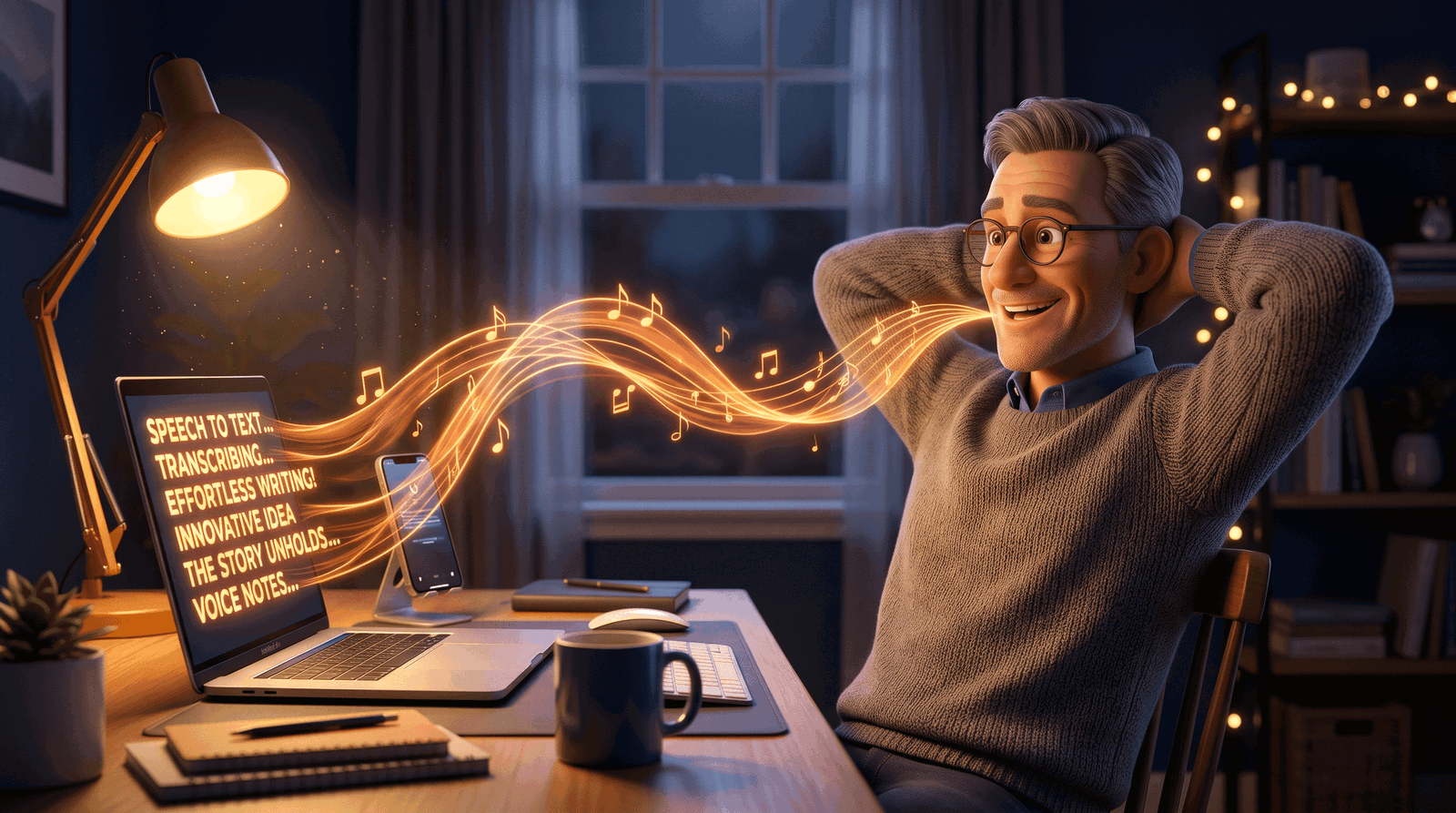 Mann nutzt Sprach-zu-Text am Laptop im Homeoffice