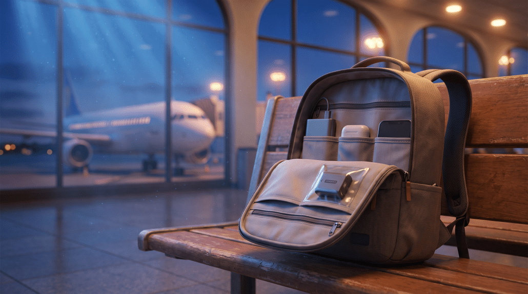 Offener Rucksack mit Elektronik auf Bank im Flughafen