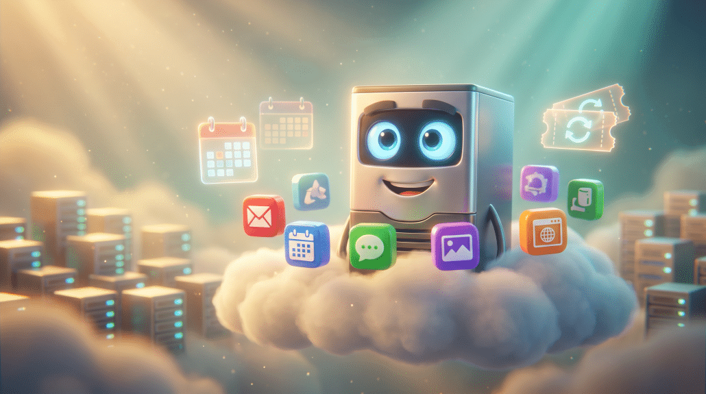 Freundlicher Roboter verwaltet Cloud-Apps und Server