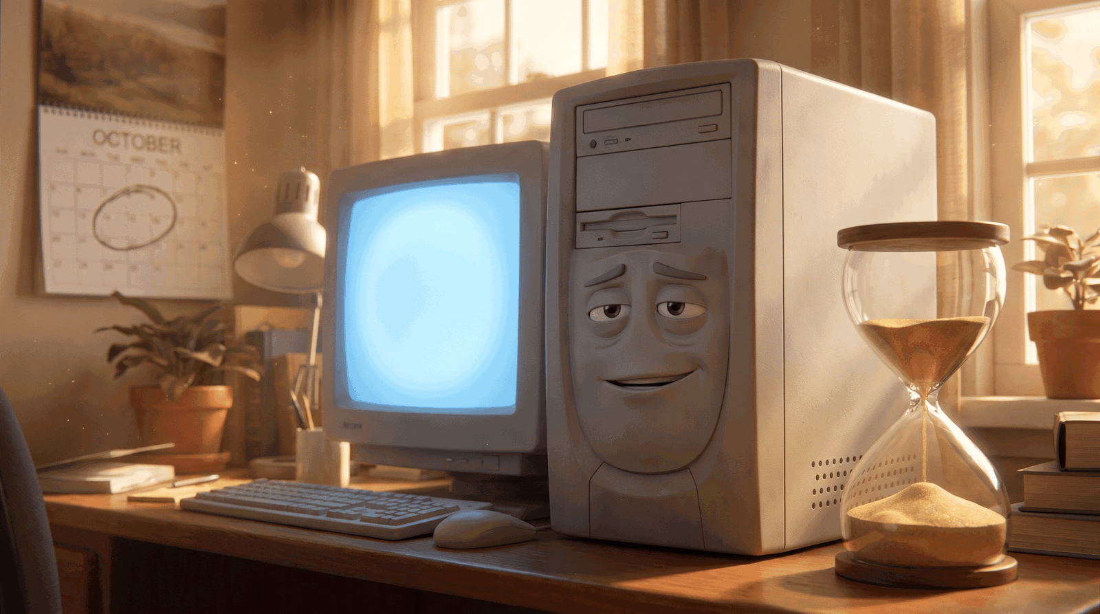 Vermenschlichter Retro-PC mit Sanduhr am sonnigen Schreibtisch