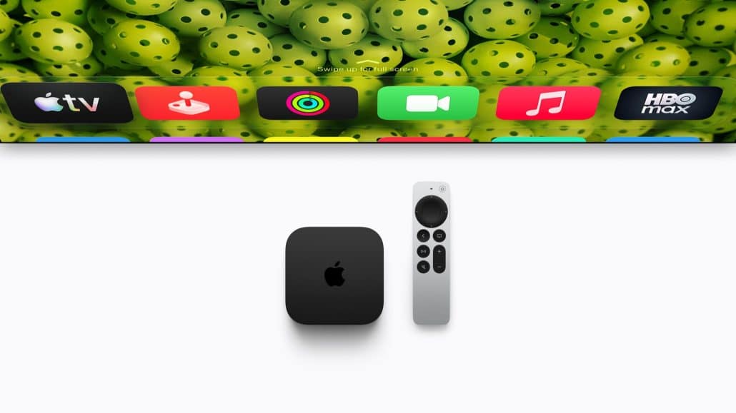 Apple TV mit Fernbedienung vor App-Bildschirm