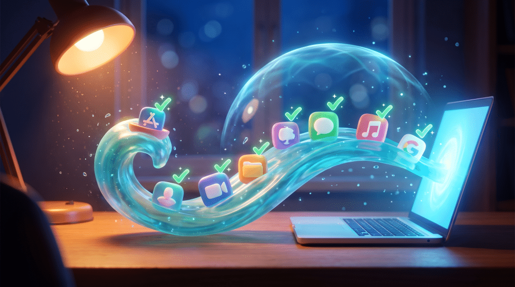 App-Symbole fließen mit Häkchen zum Laptop