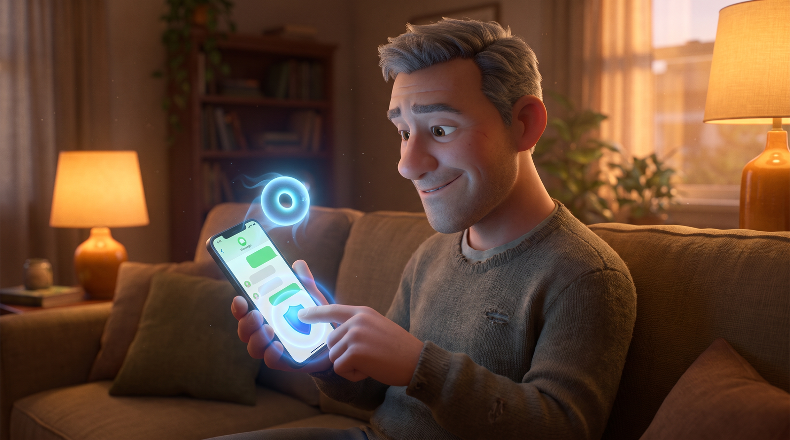 meta ai whatsapp Mann aktiviert Sicherheitsfunktion auf Smartphone im Wohnzimmer
