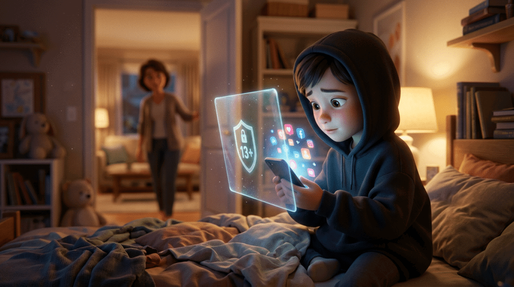 Kind nutzt Smartphone vor 13+-Jugendschutzanzeige im Schlafzimmer